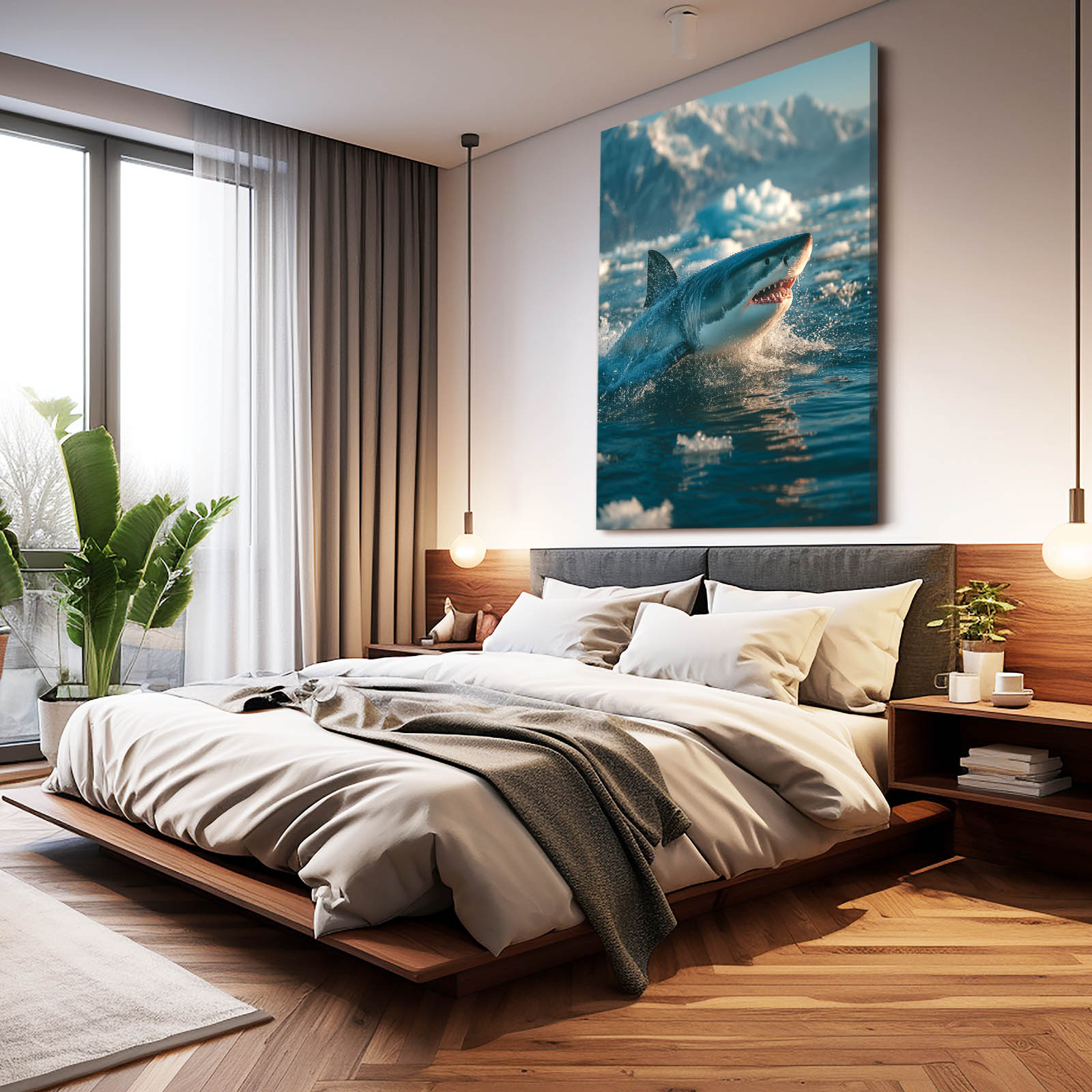 Arctic Breach Shark Canvas Art – styled in a furnished interior