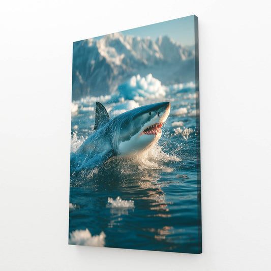 Arctic Breach Shark Canvas Art – angled canvas view on white background