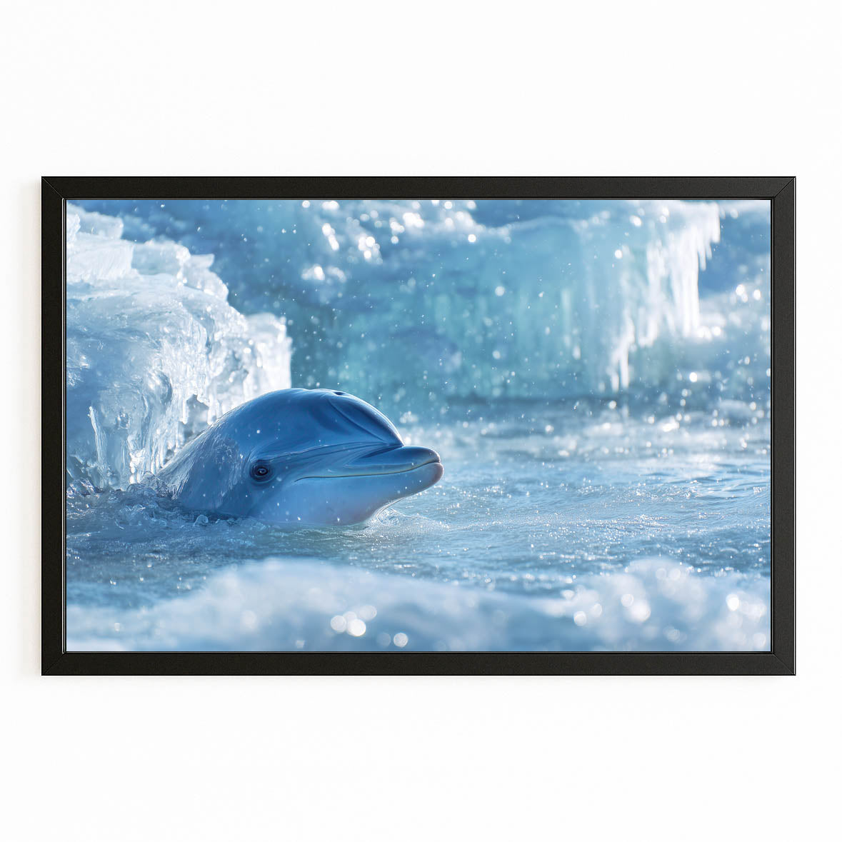 Arctic Peek Dolphin Wall Decor – with Premium Black wood frame on white background