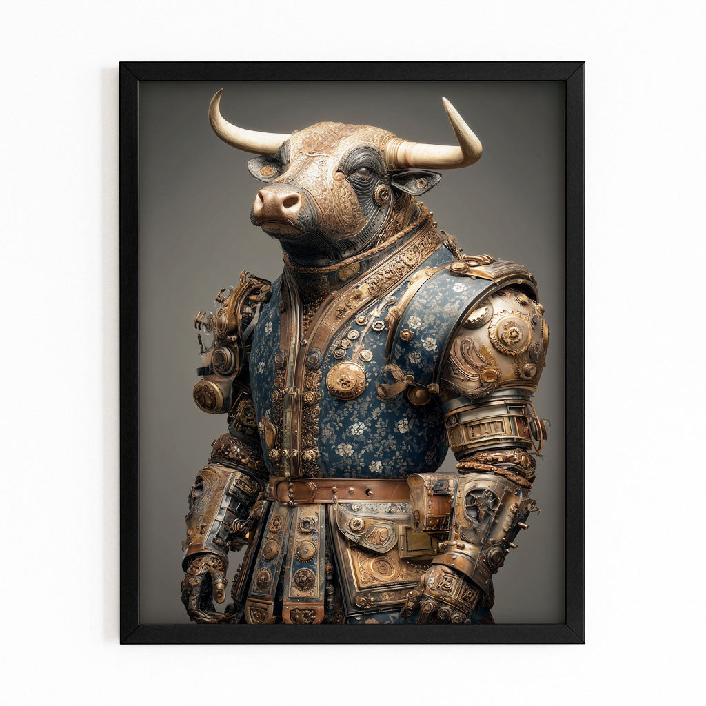Armored Mechanical Bull Steampunk Wall Decor – with Premium Black frame on white background