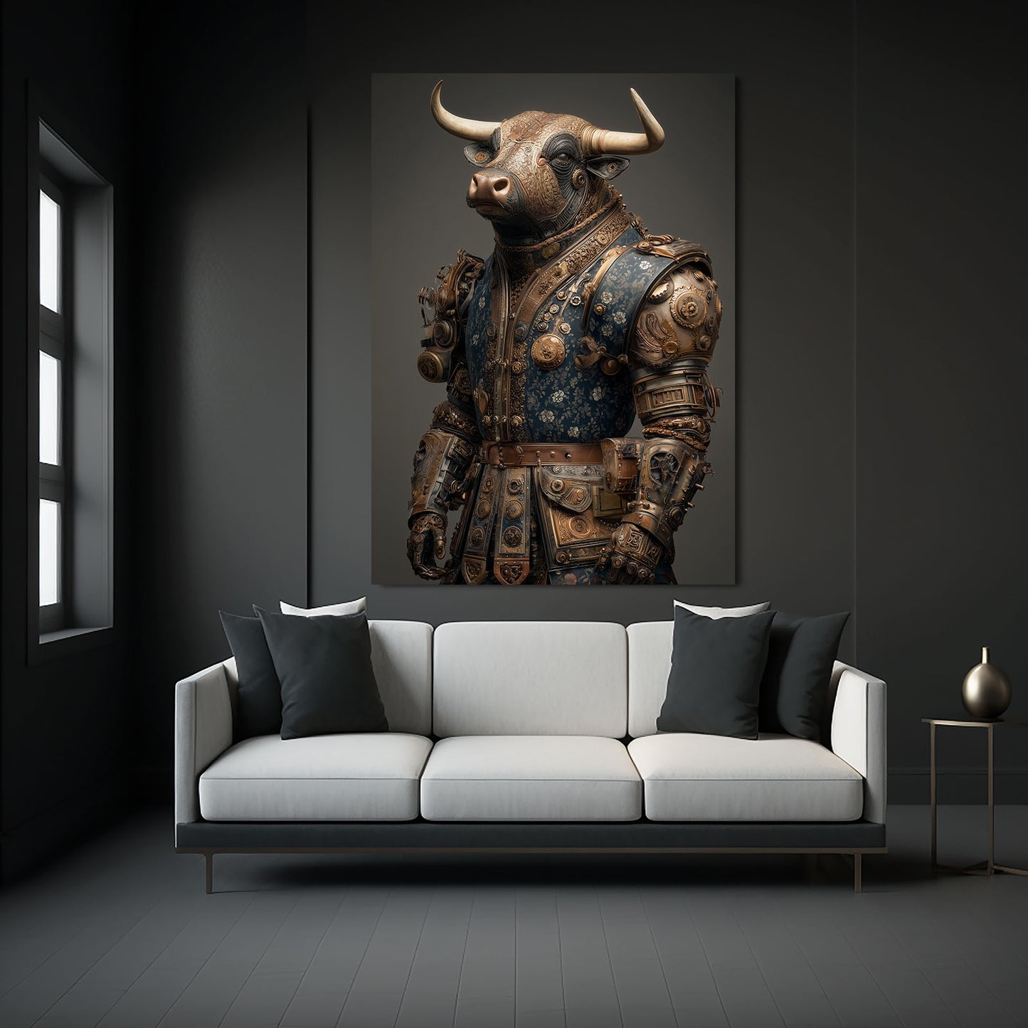 Armored Mechanical Bull Steampunk Wall Decor – styled in a furnished interior