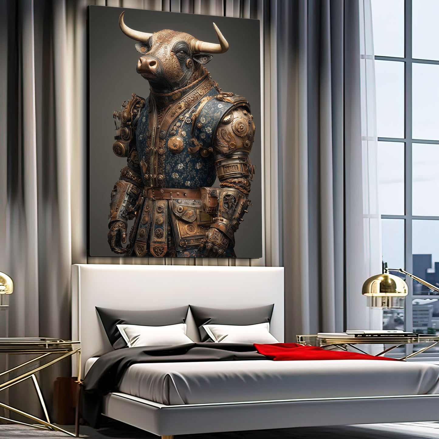 Armored Mechanical Bull Steampunk Wall Decor – styled in a furnished interior