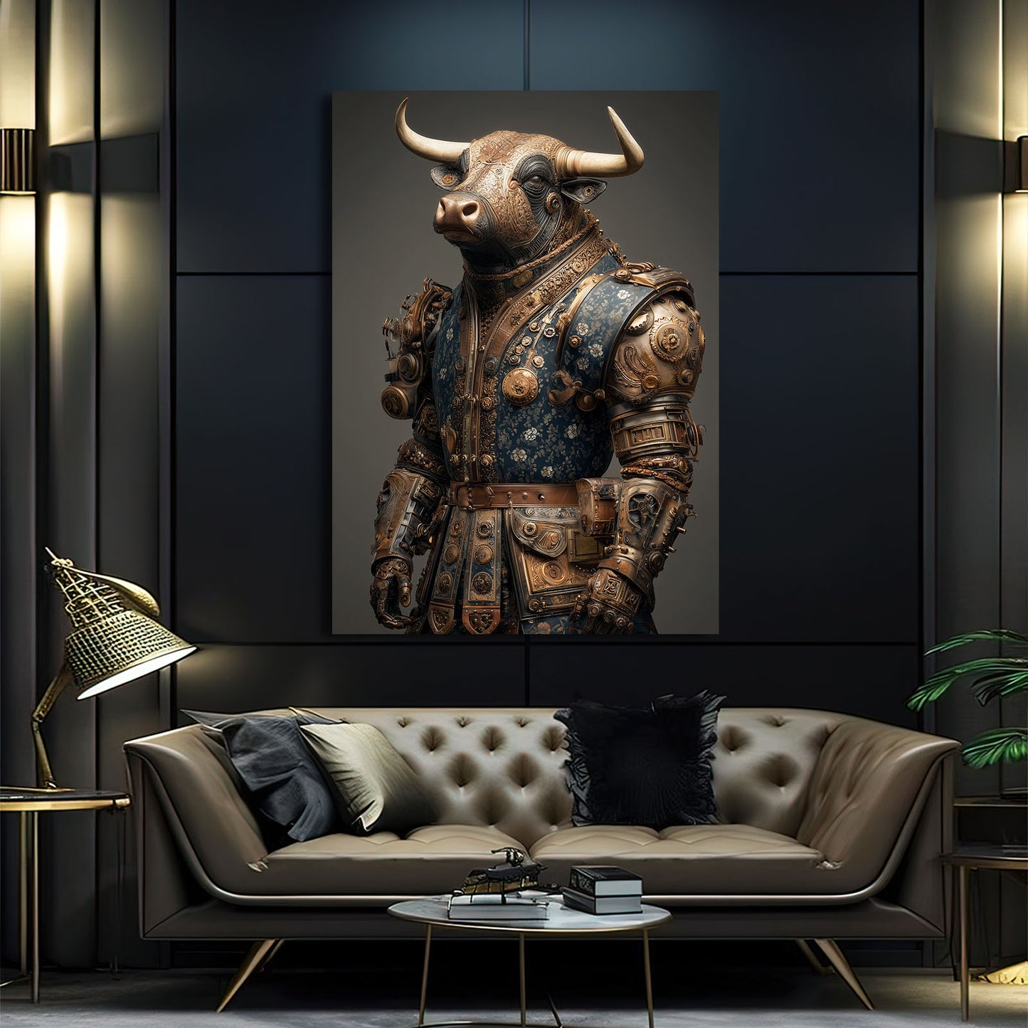 Armored Mechanical Bull Steampunk Wall Decor – styled in a furnished interior
