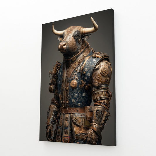 Armored Mechanical Bull Steampunk Wall Decor – angled canvas view on white background