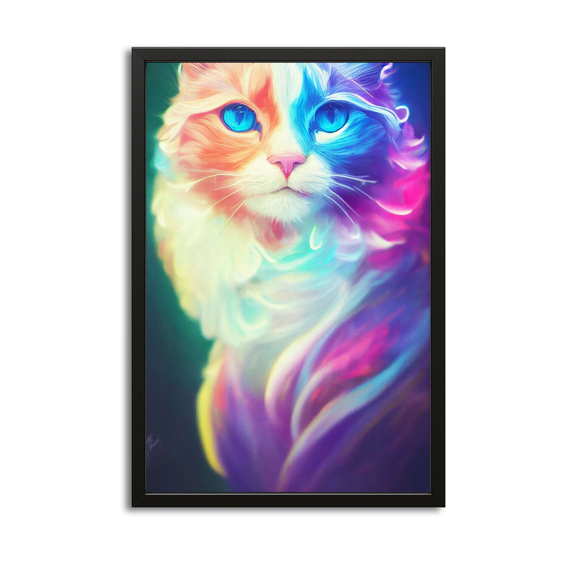 Cute Cat Wall Art — contemporary canvas print in blue tones, with Premium Black frame on white background