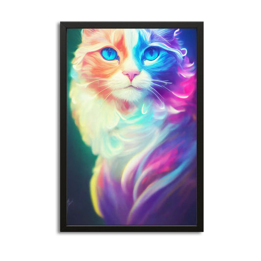Cute Cat Wall Art — contemporary canvas print in blue tones, with Premium Black frame on white background