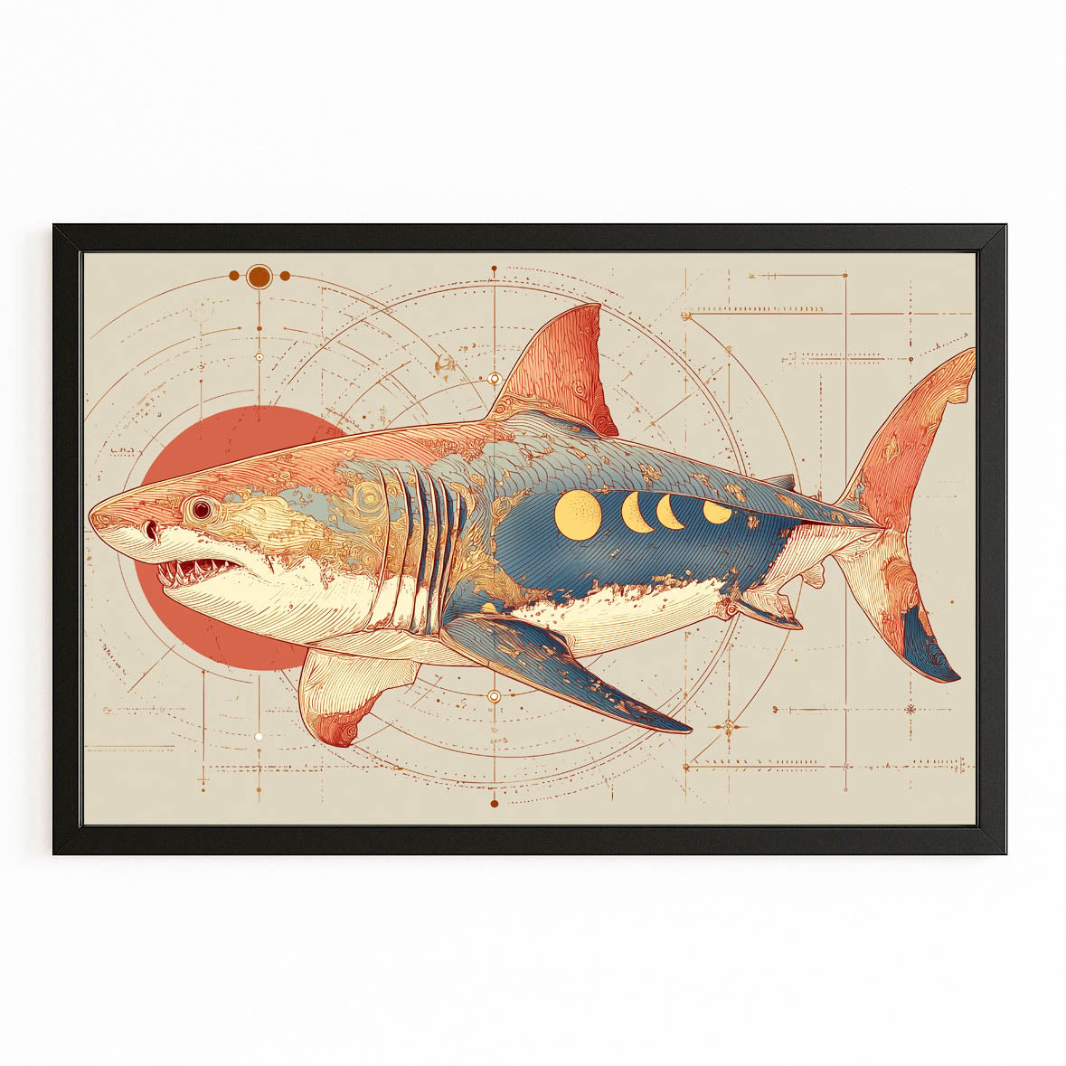 Art Deco Blueprint Shark Prints – with Premium Black frame on white background