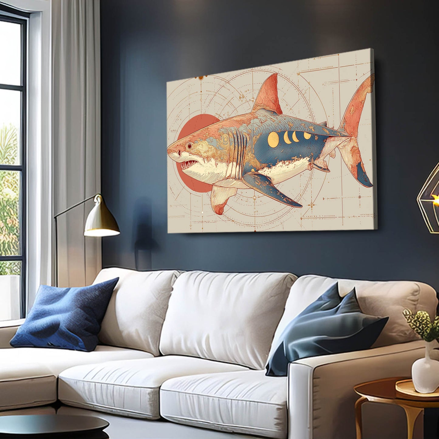 Art Deco Blueprint Shark Prints – styled in a furnished interior