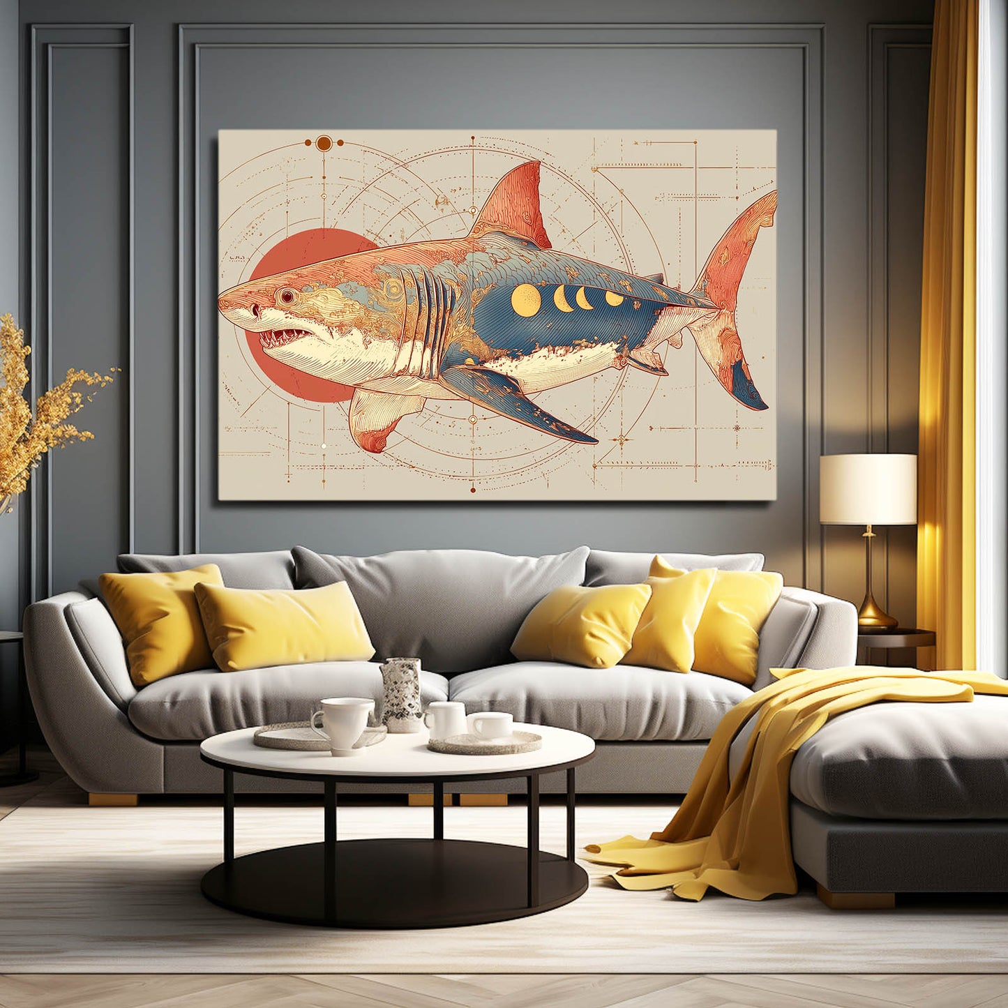 Art Deco Blueprint Shark Prints – styled in a furnished interior