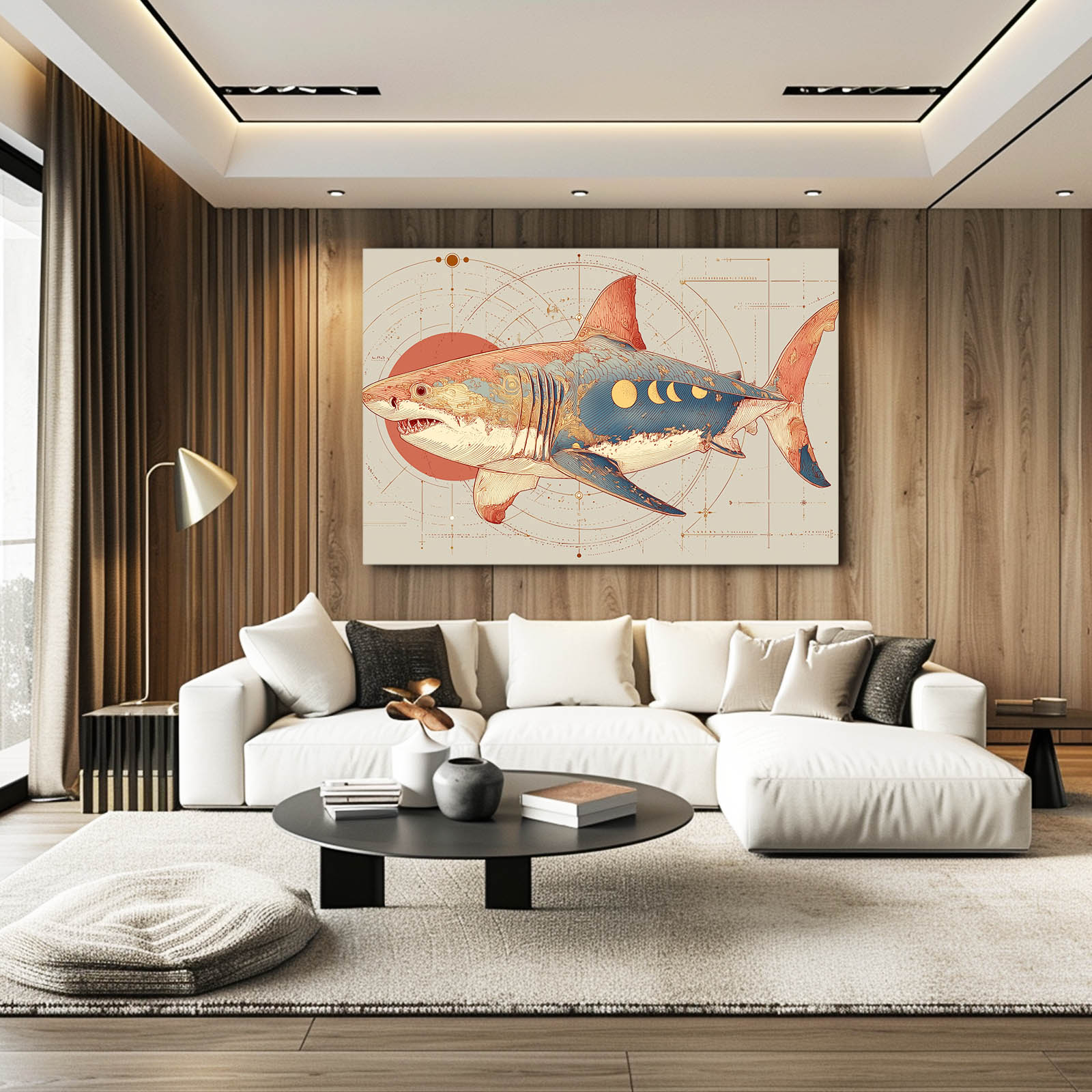 Art Deco Blueprint Shark Prints – styled in a furnished interior