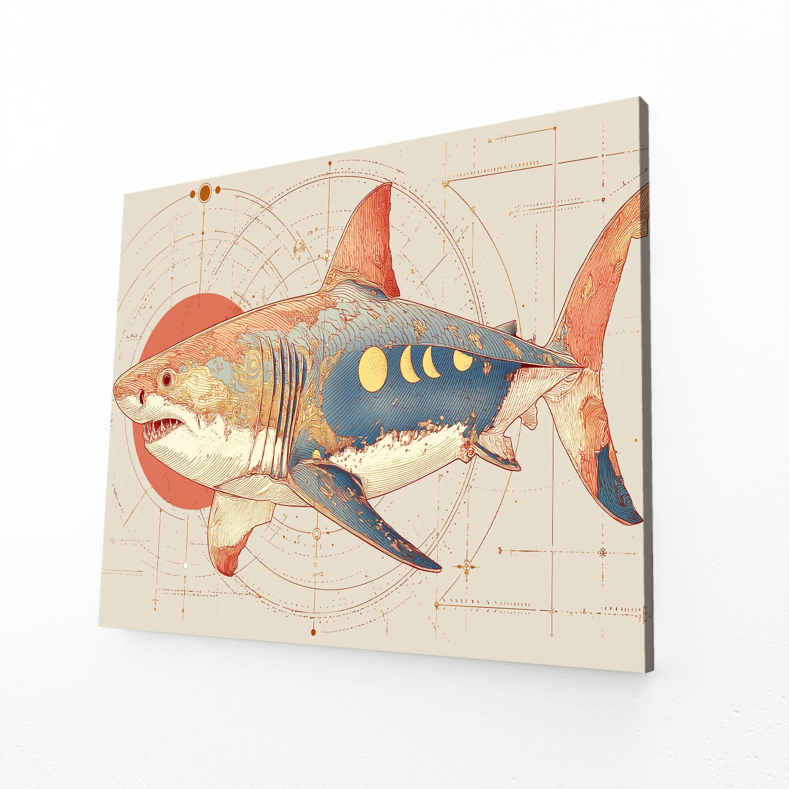Art Deco Blueprint Shark Prints – angled canvas view on white background