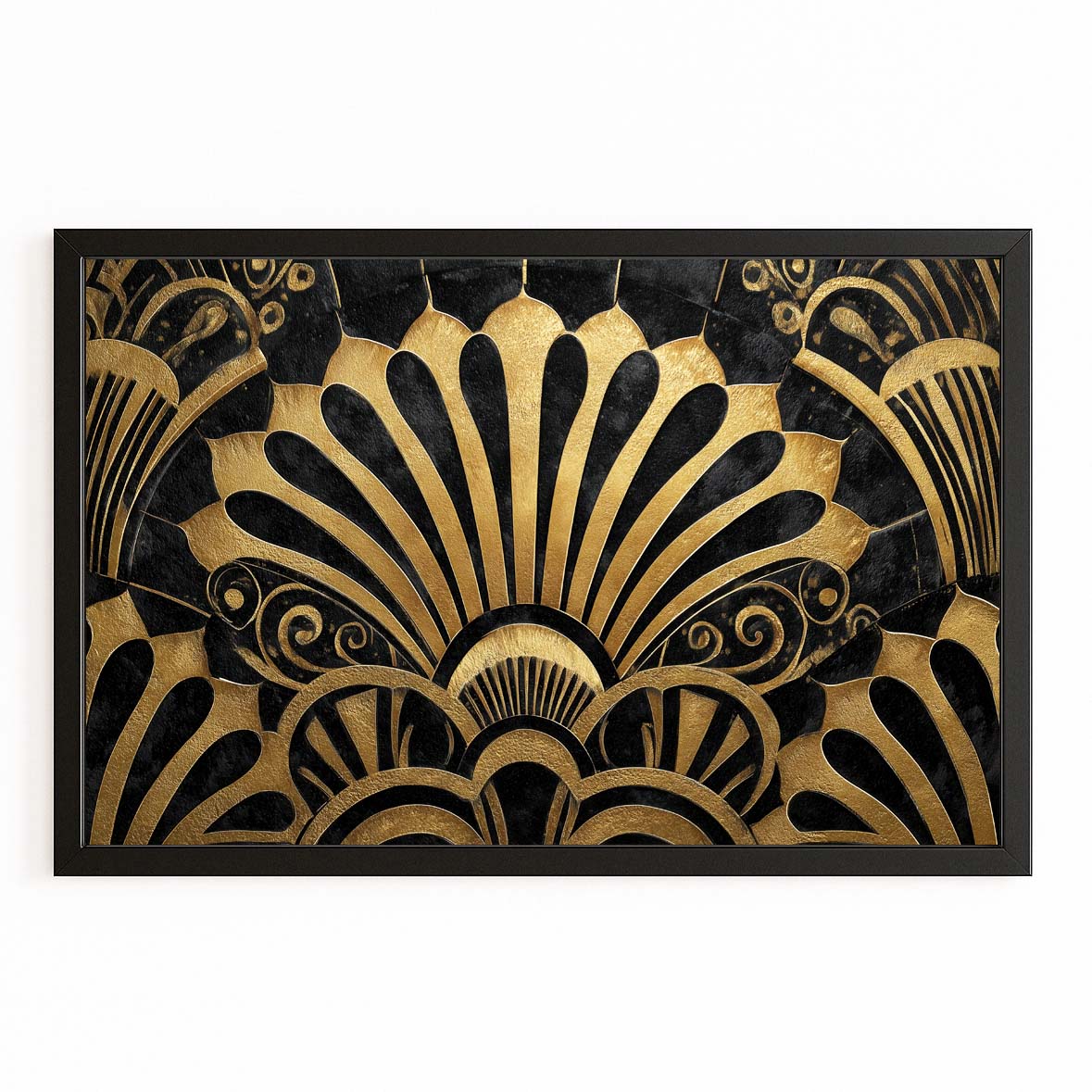 Art Deco Fans Gold Canvas – with Premium Black frame on white background