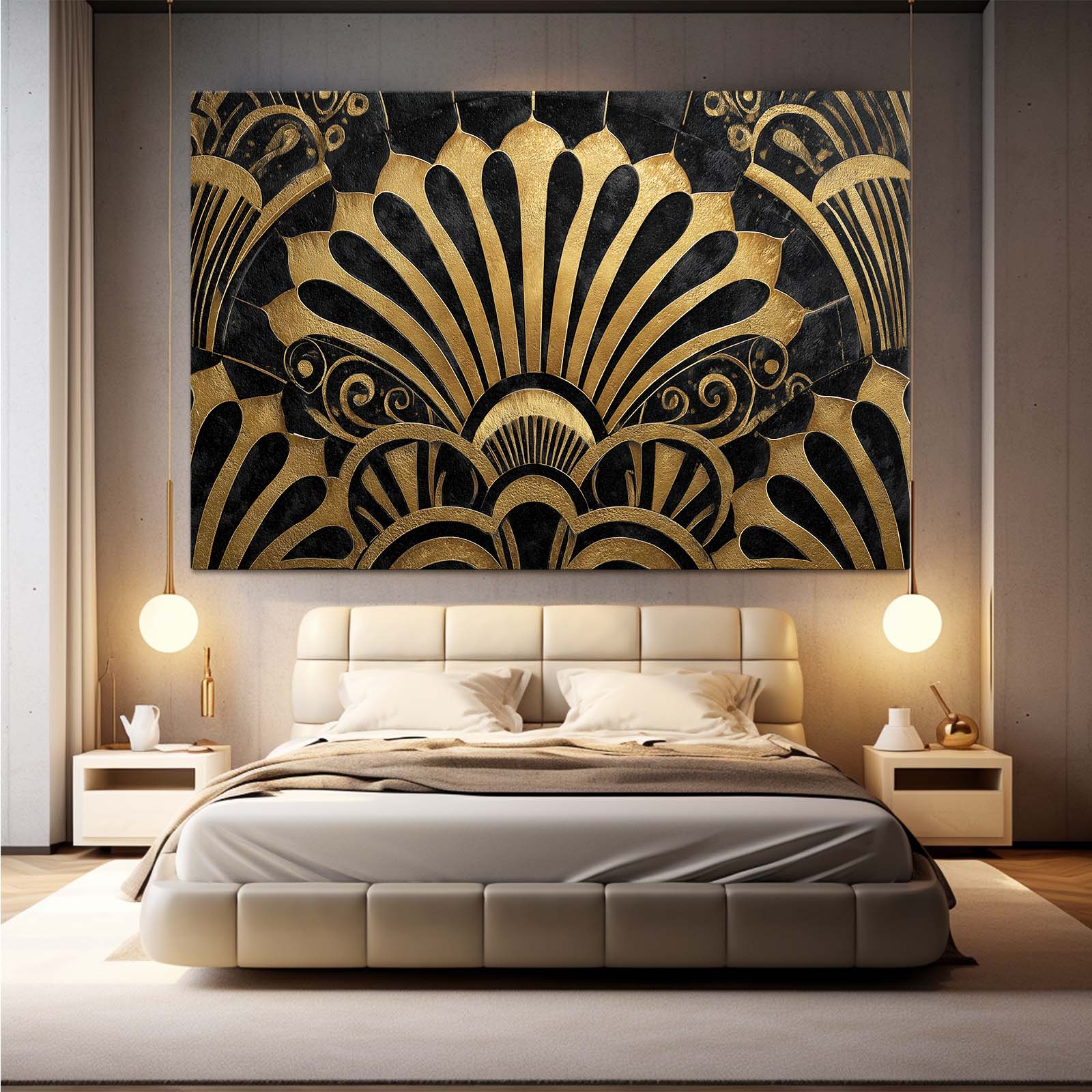 Art Deco Fans Gold Canvas – styled in a furnished interior