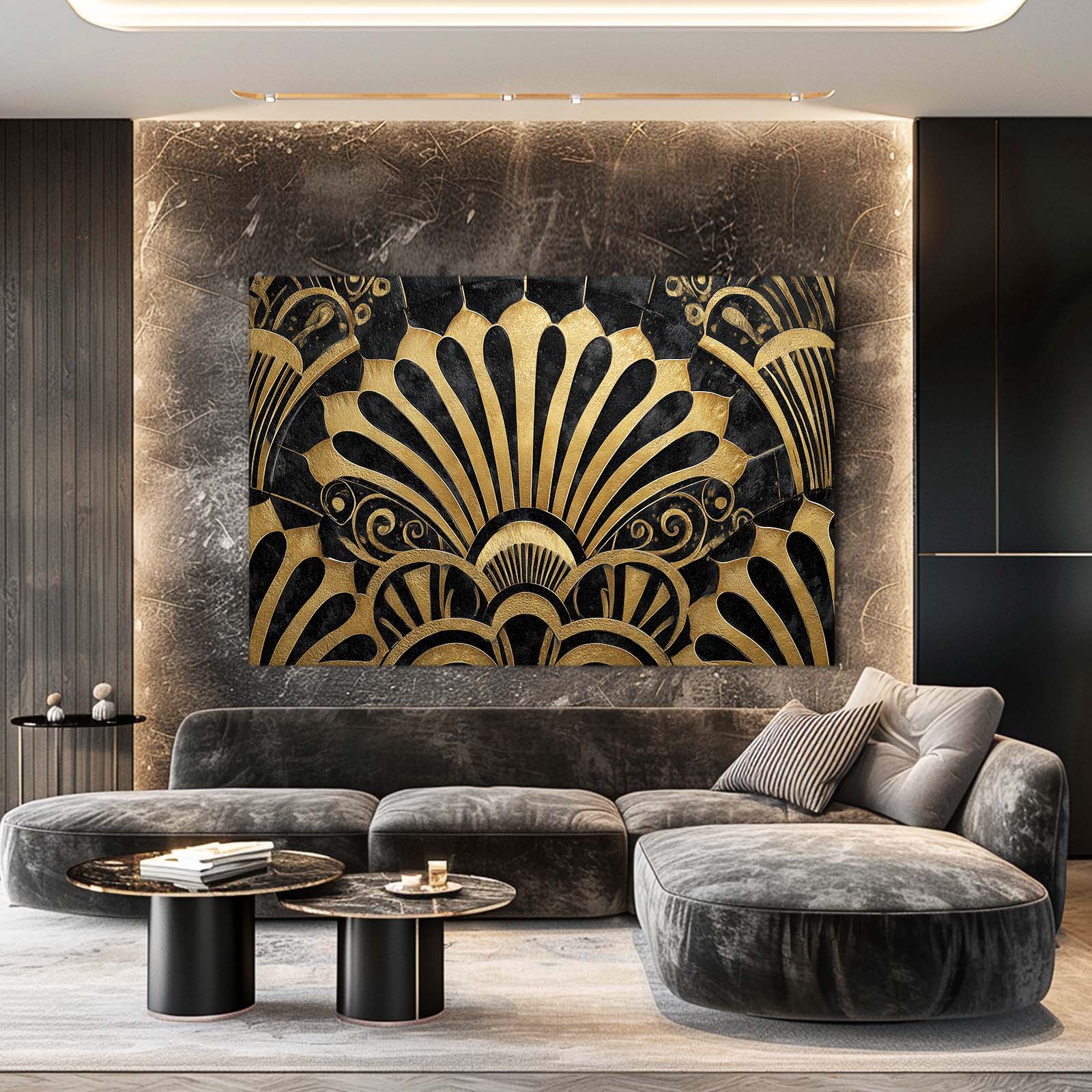 Art Deco Fans Gold Canvas – styled in a furnished interior