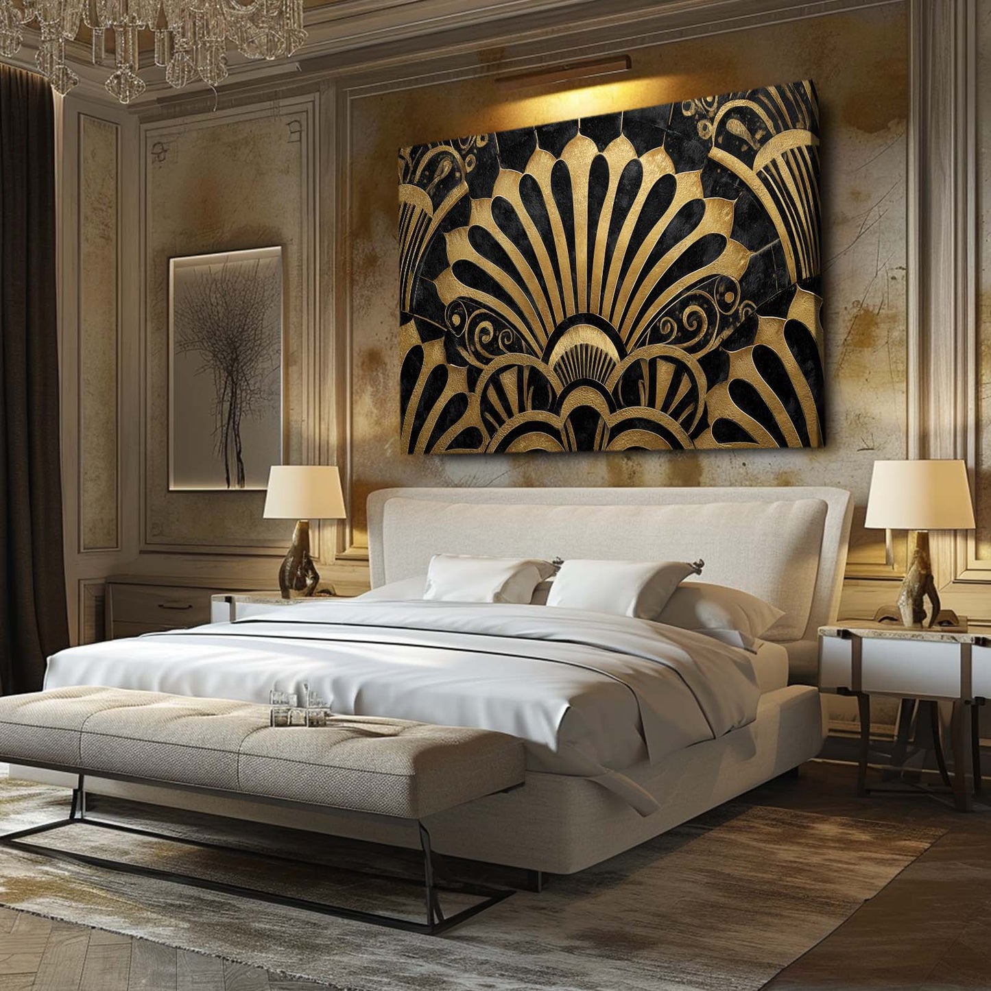 Art Deco Fans Gold Canvas – styled in a furnished interior