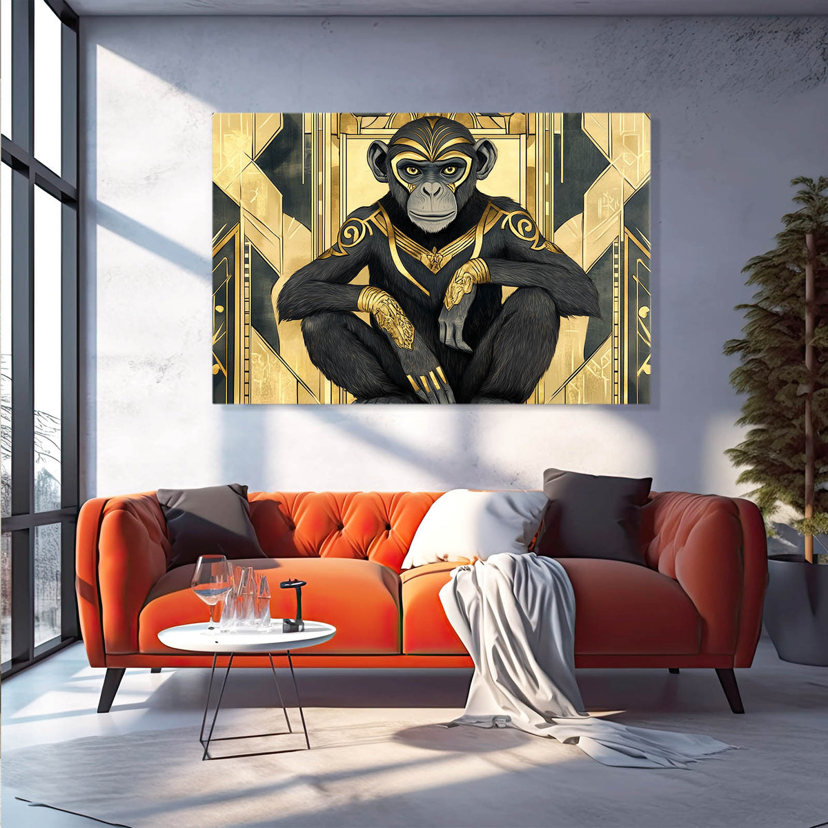 Art Deco Gilded Monkey Canvas Art — vintage canvas print, styled in a furnished interior