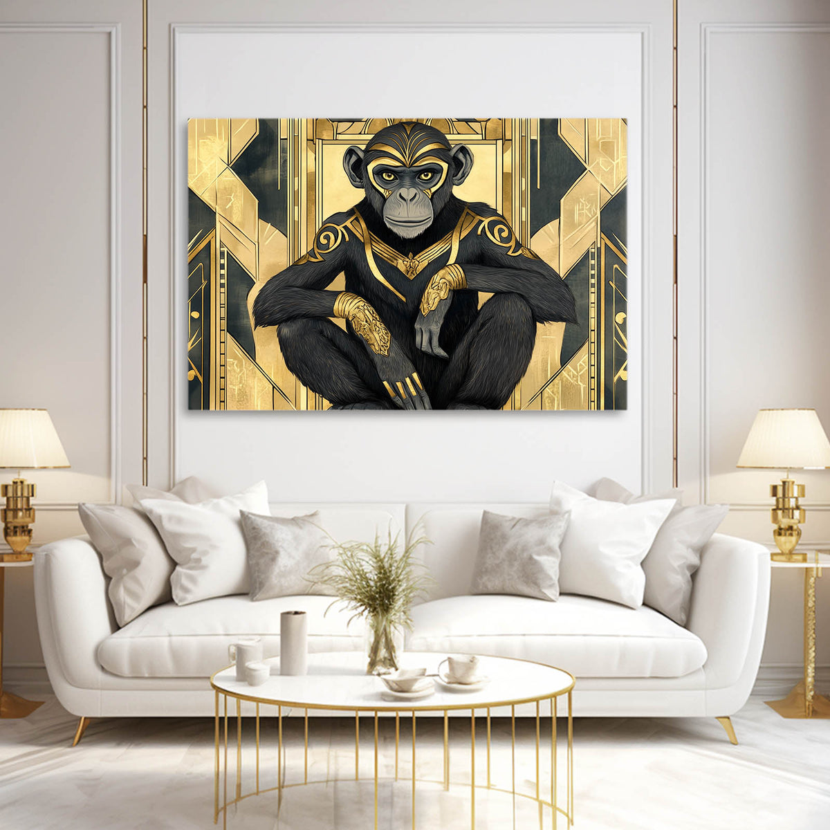 Art Deco Gilded Monkey Canvas Art — vintage canvas print, styled in a furnished interior
