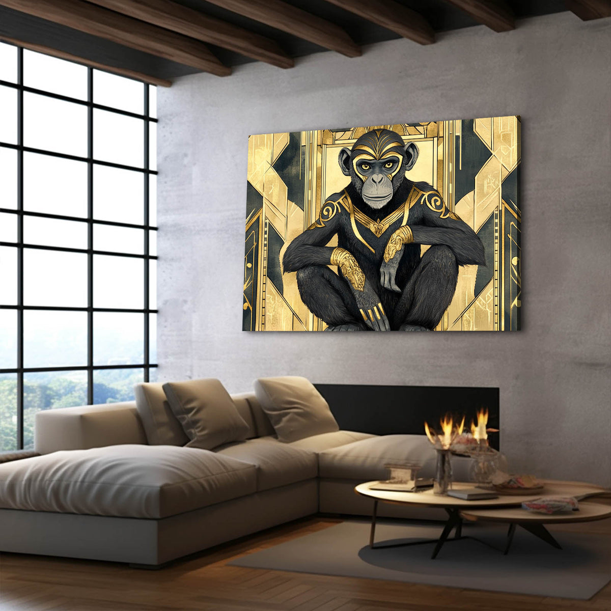 Art Deco Gilded Monkey Canvas Art — vintage canvas print, styled in a furnished interior