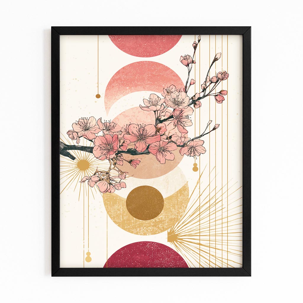 Art Deco Sprig Cherry Blossom Art – with Premium Black frame on white background