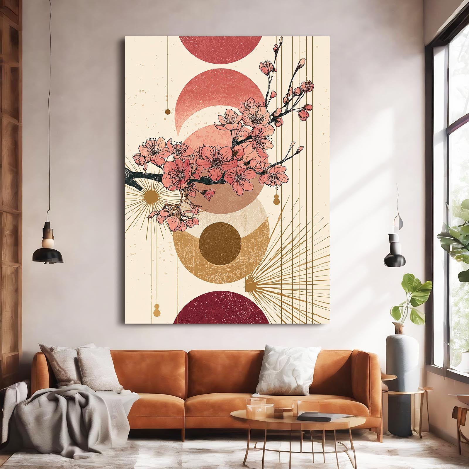 Art Deco Sprig Cherry Blossom Art – styled in a furnished interior