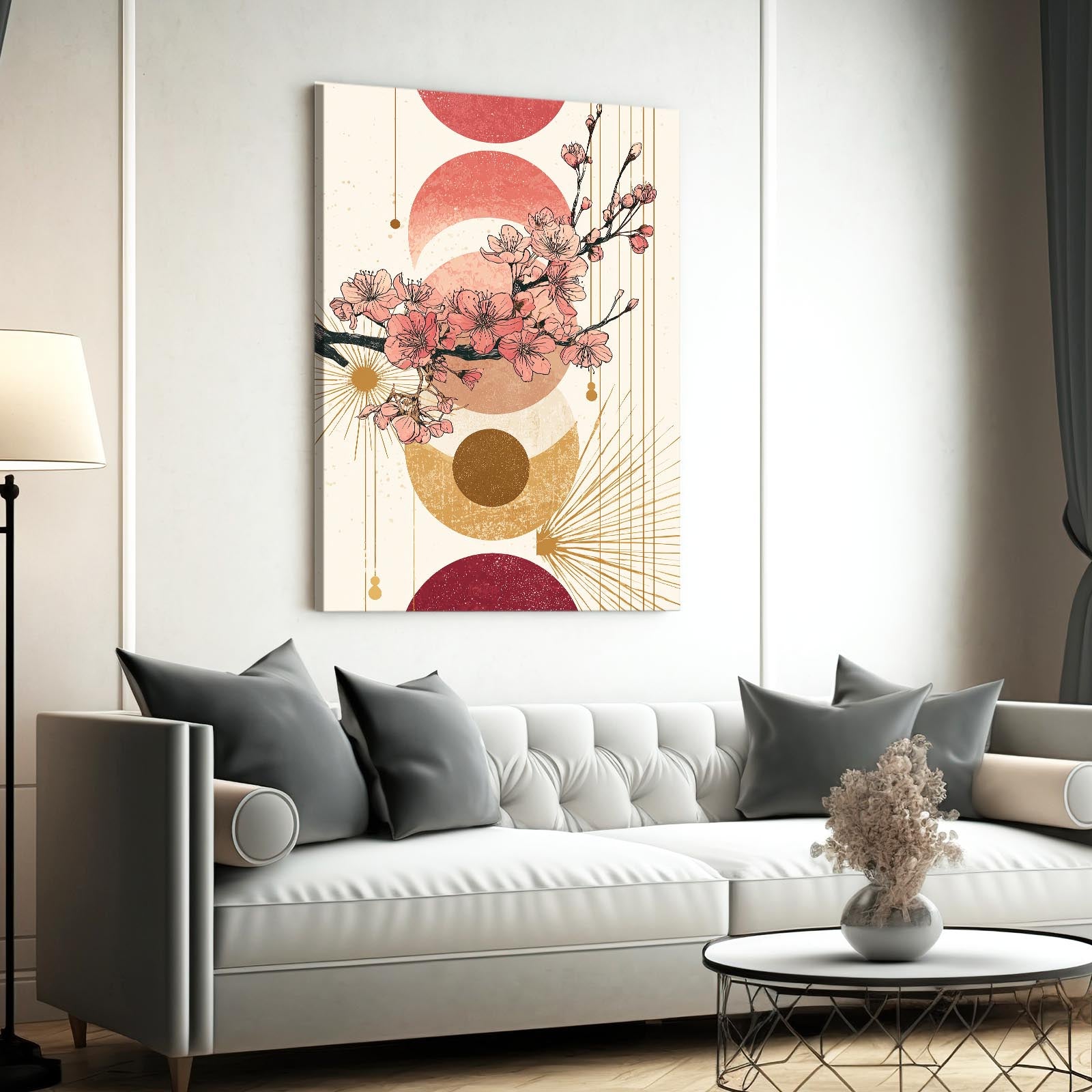 Art Deco Sprig Cherry Blossom Art – styled in a furnished interior
