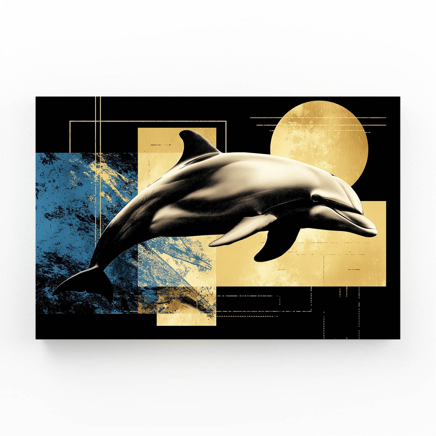 Art Deco Sun Dolphin Art – art deco dolphin gliding before a gold sun on navy and marble collage