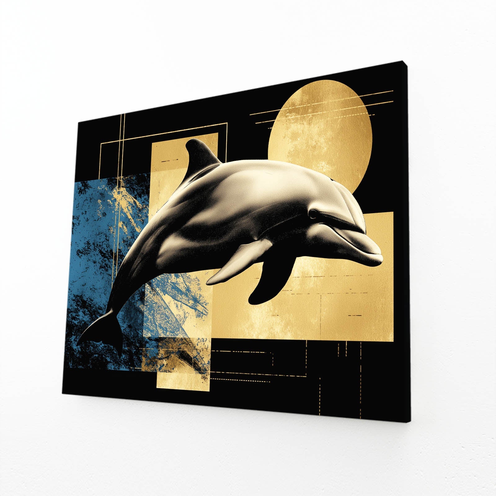 Art Deco Sun Dolphin Art – angled canvas view on white background