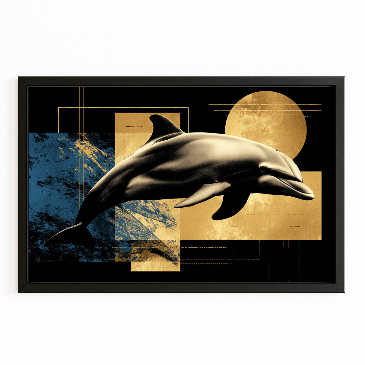 Art Deco Sun Dolphin Art – with Premium Black wood frame on white background