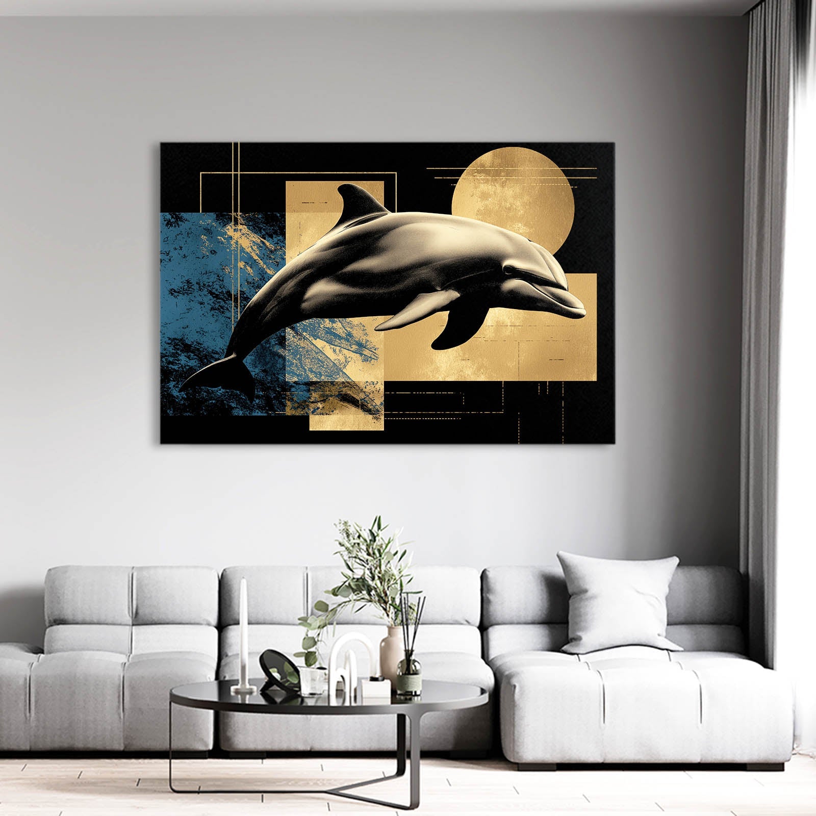 Art Deco Sun Dolphin Art – styled in a furnished interior