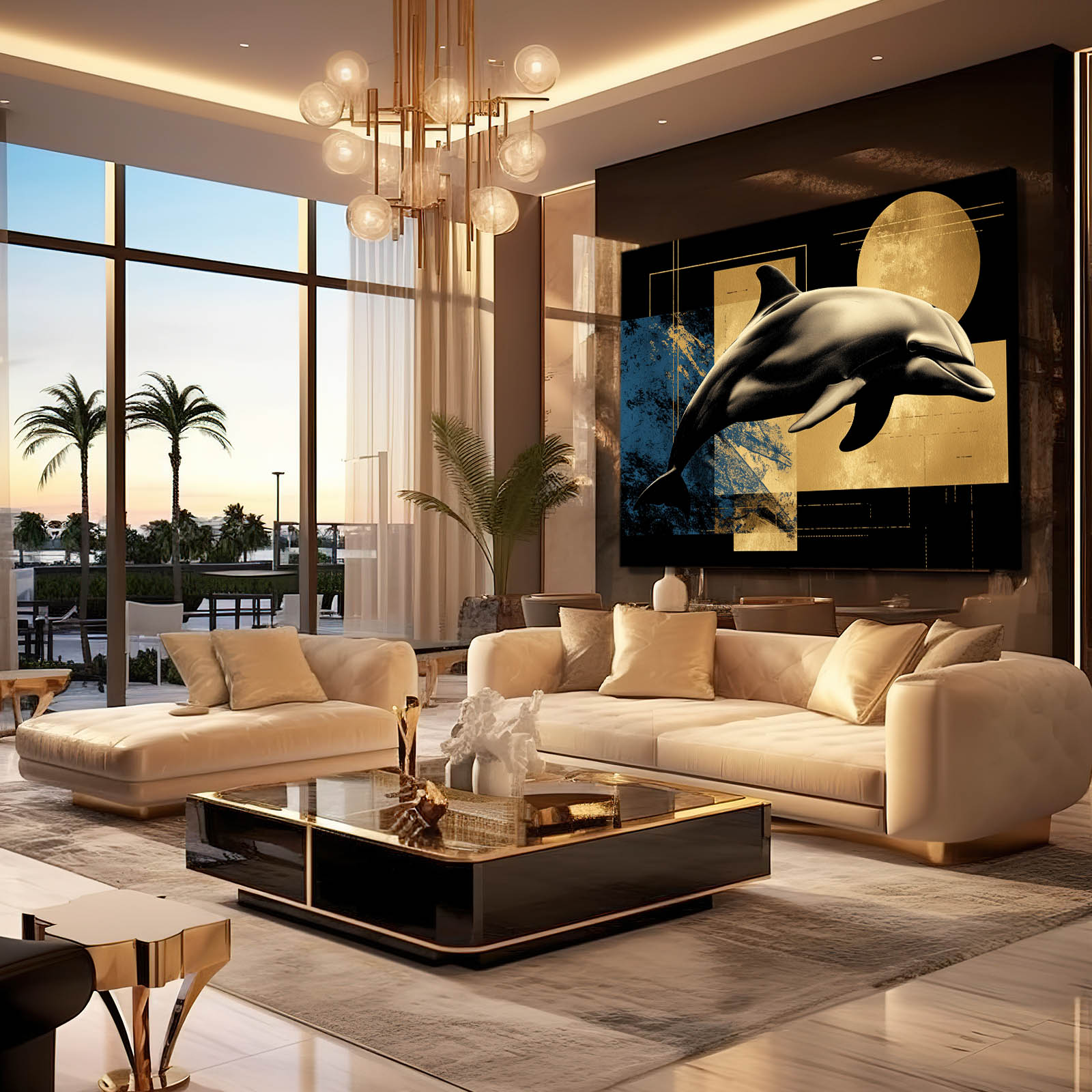 Art Deco Sun Dolphin Art – styled in a furnished interior