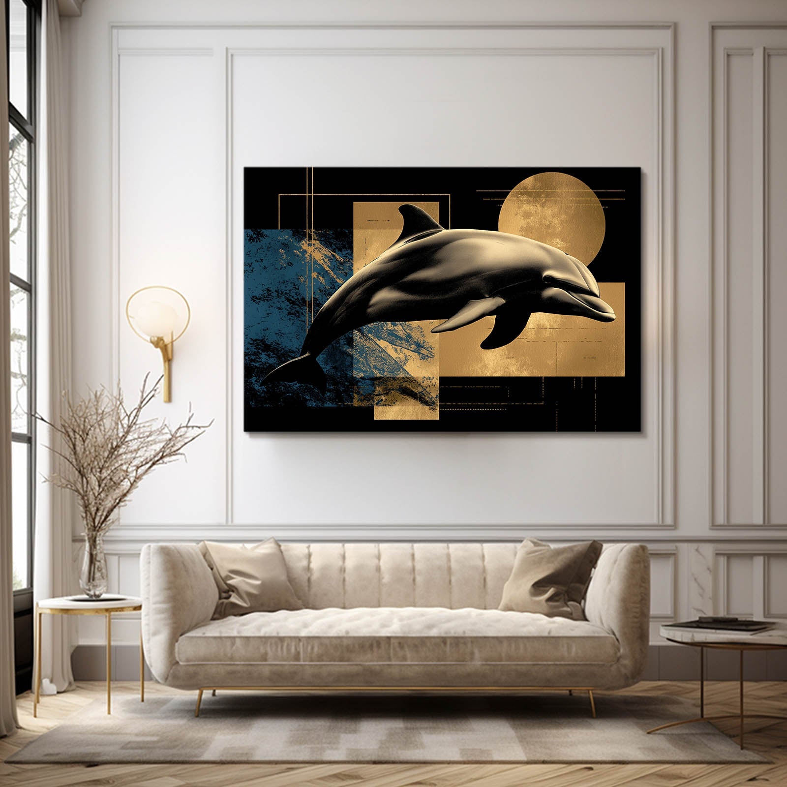 Art Deco Sun Dolphin Art – styled in a furnished interior