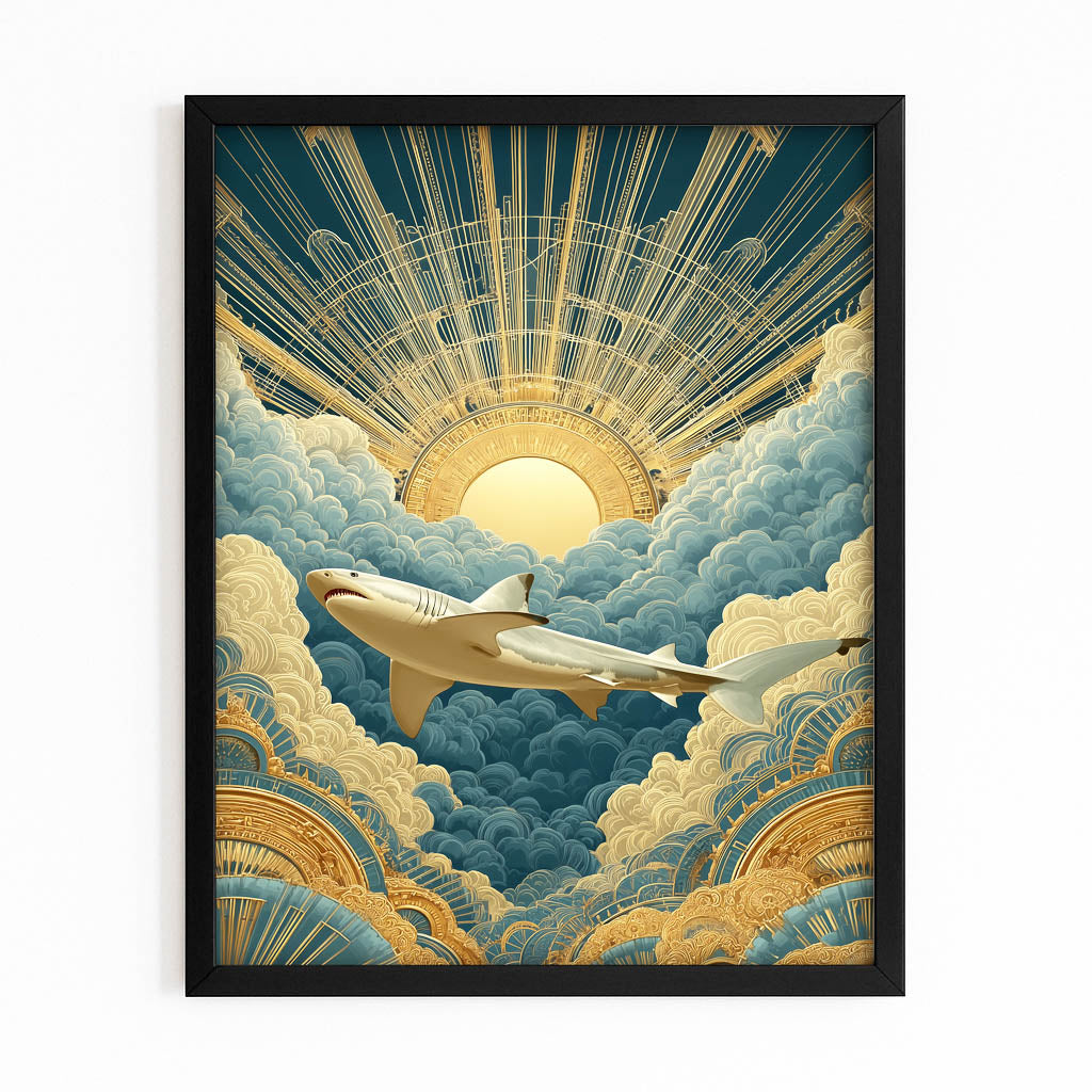 Art Deco Sunrise Shark Wall Decor – with Premium Black frame on white background