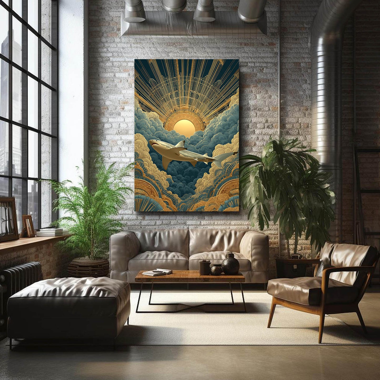 Art Deco Sunrise Shark Wall Decor – styled in a furnished interior