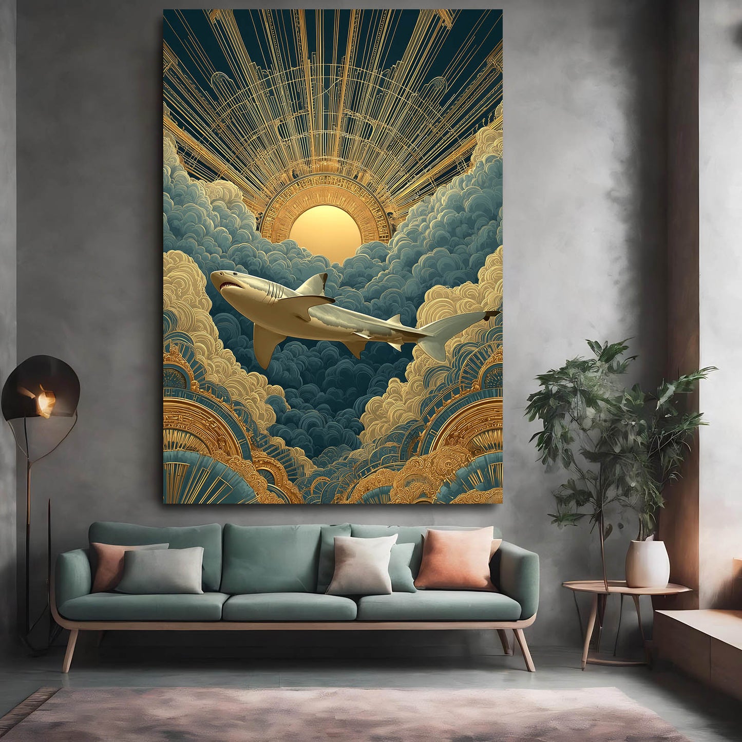 Art Deco Sunrise Shark Wall Decor – styled in a furnished interior