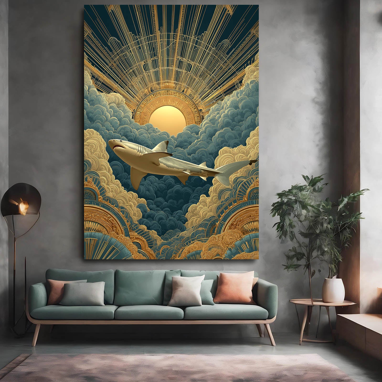Art Deco Sunrise Shark Wall Decor – styled in a furnished interior
