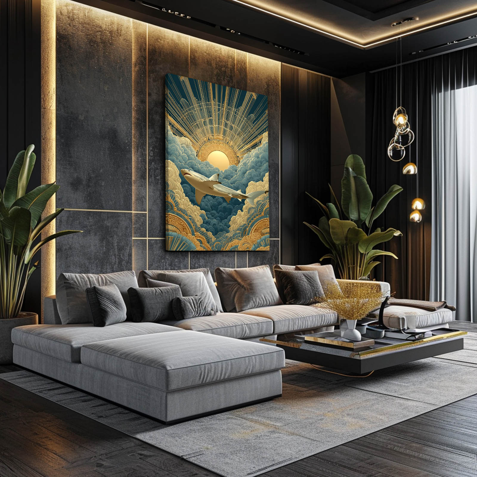 Art Deco Sunrise Shark Wall Decor – styled in a furnished interior
