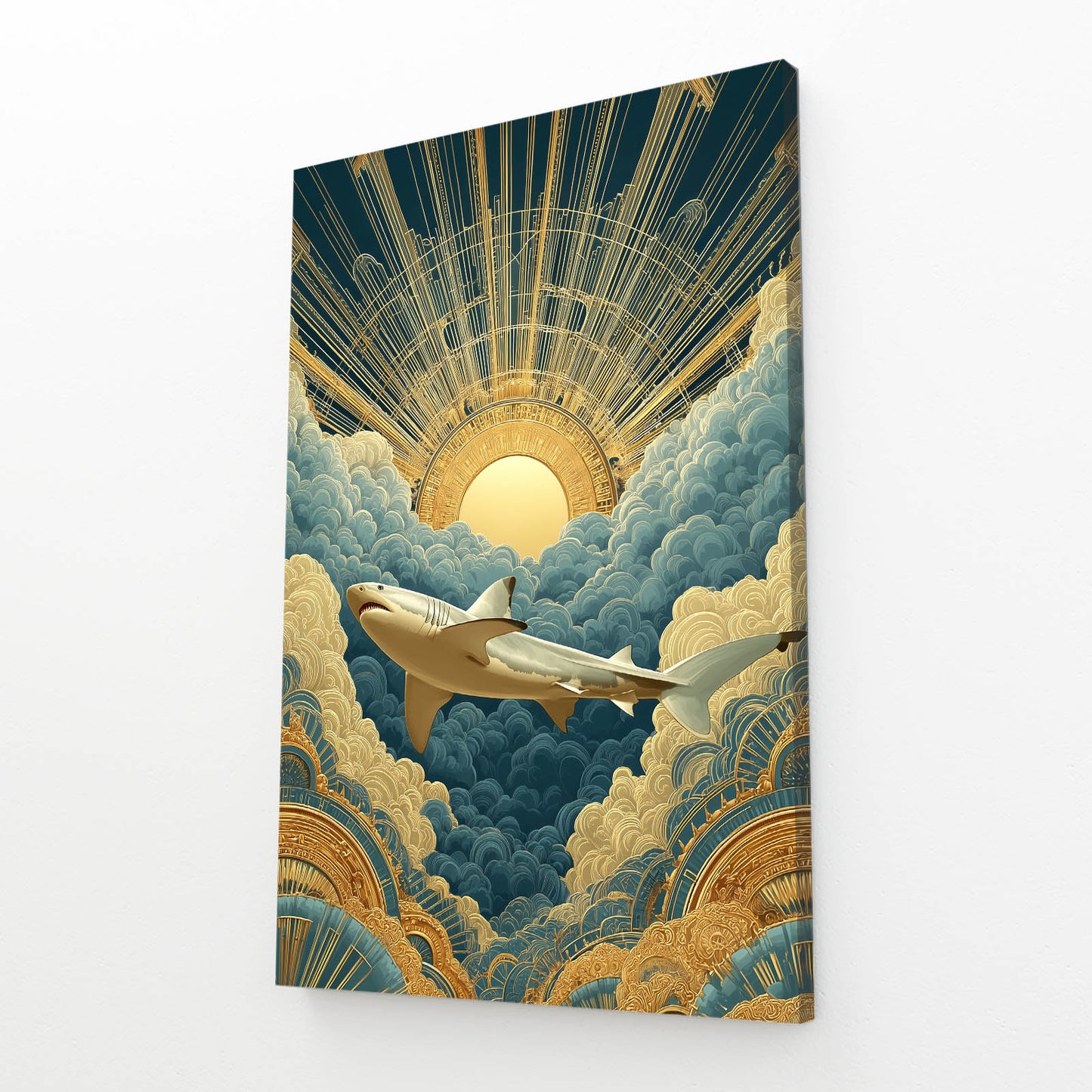 Art Deco Sunrise Shark Wall Decor – angled canvas view on white background