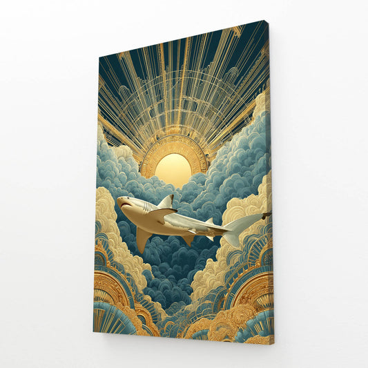 Art Deco Sunrise Shark Wall Decor – angled canvas view on white background