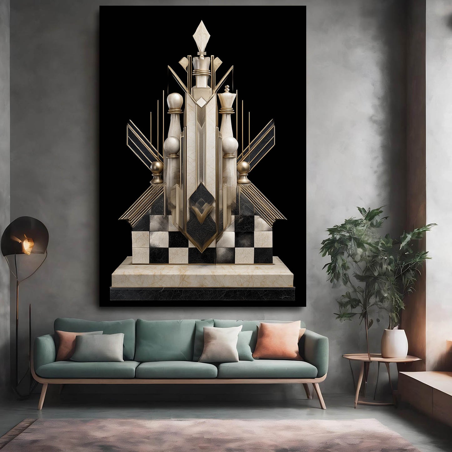 Art Deco Throne Chess Wall Art – styled in a furnished interior