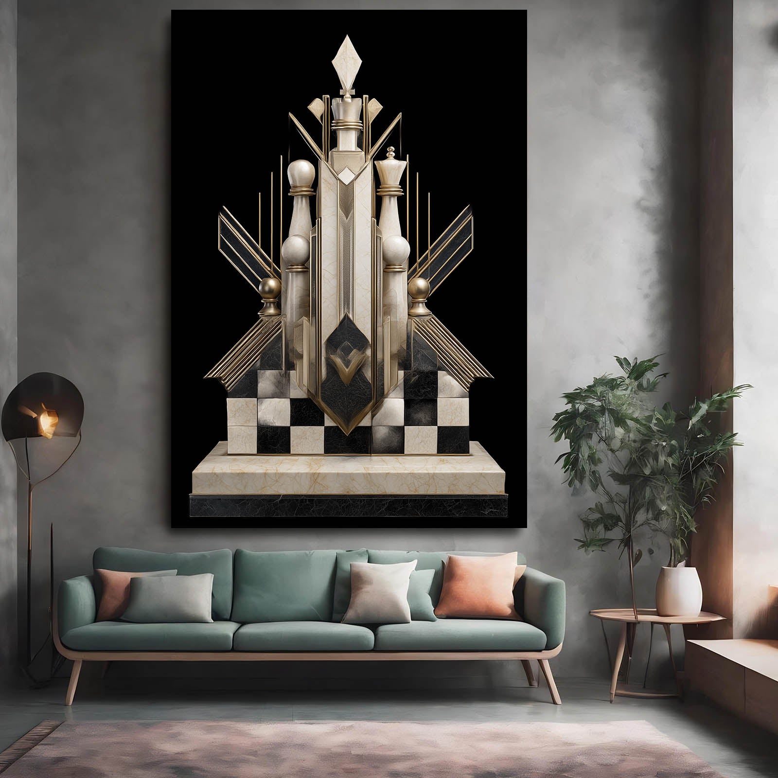 Art Deco Throne Chess Wall Art – styled in a furnished interior