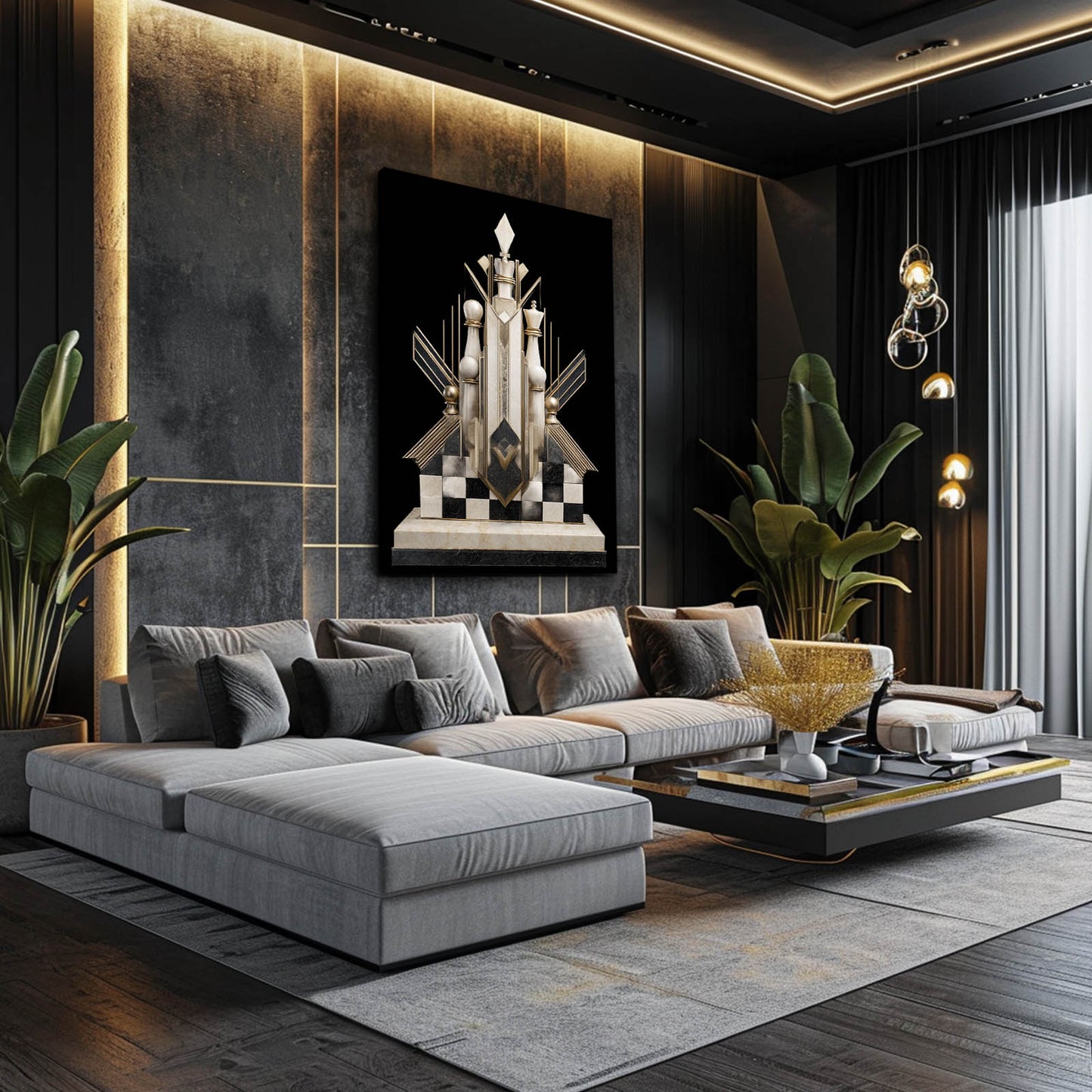 Art Deco Throne Chess Wall Art – styled in a furnished interior
