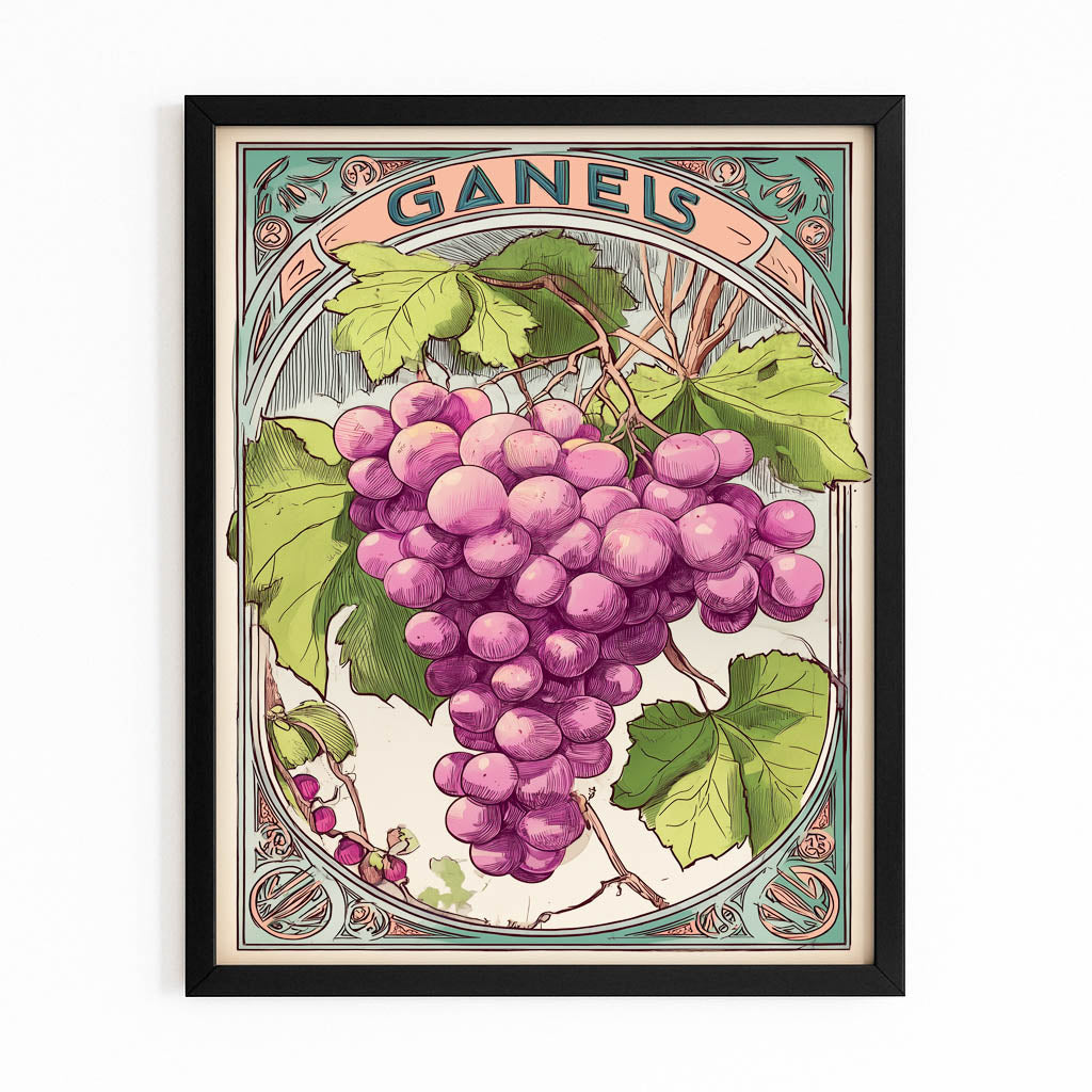 Art Nouveau Grapes Fruit Canvas Art – with Premium Black frame on white background