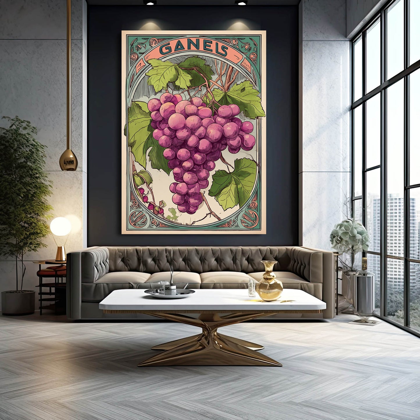 Art Nouveau Grapes Fruit Canvas Art – styled in a furnished interior