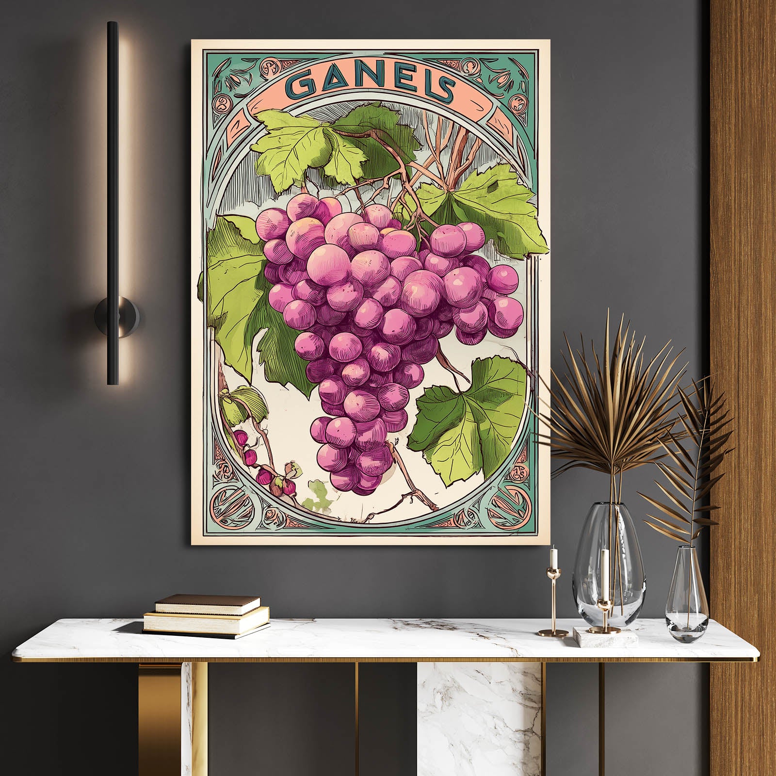 Art Nouveau Grapes Fruit Canvas Art – styled in a furnished interior