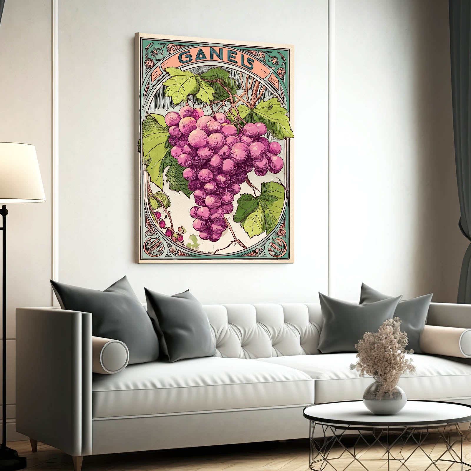 Art Nouveau Grapes Fruit Canvas Art – styled in a furnished interior