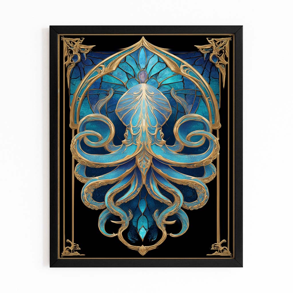 Art Nouveau Panel Octopus Canvas Art – with Premium Black frame on white background