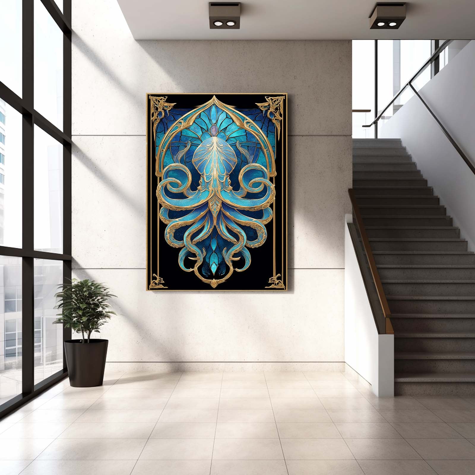 Art Nouveau Panel Octopus Canvas Art – styled in a furnished interior