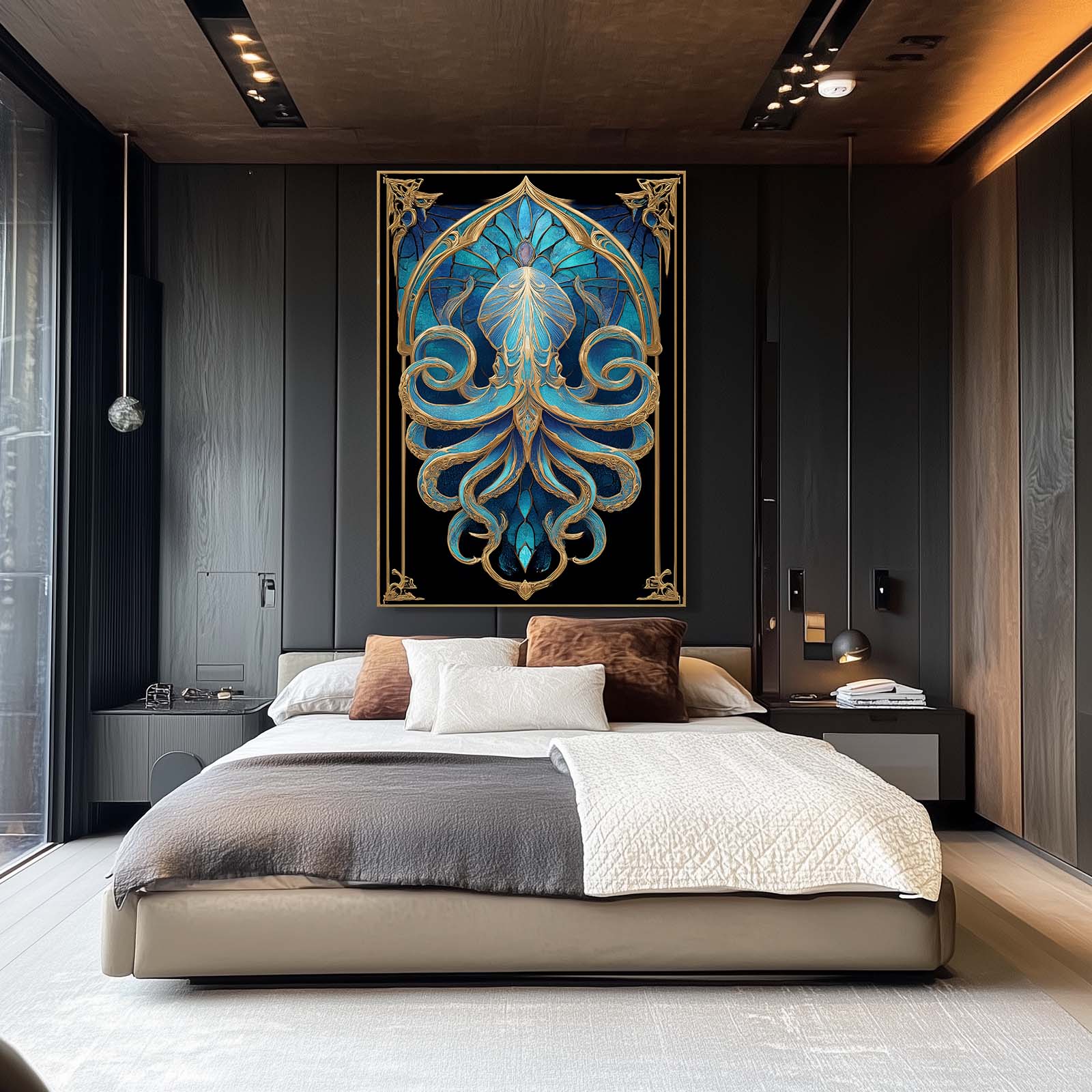 Art Nouveau Panel Octopus Canvas Art – styled in a furnished interior