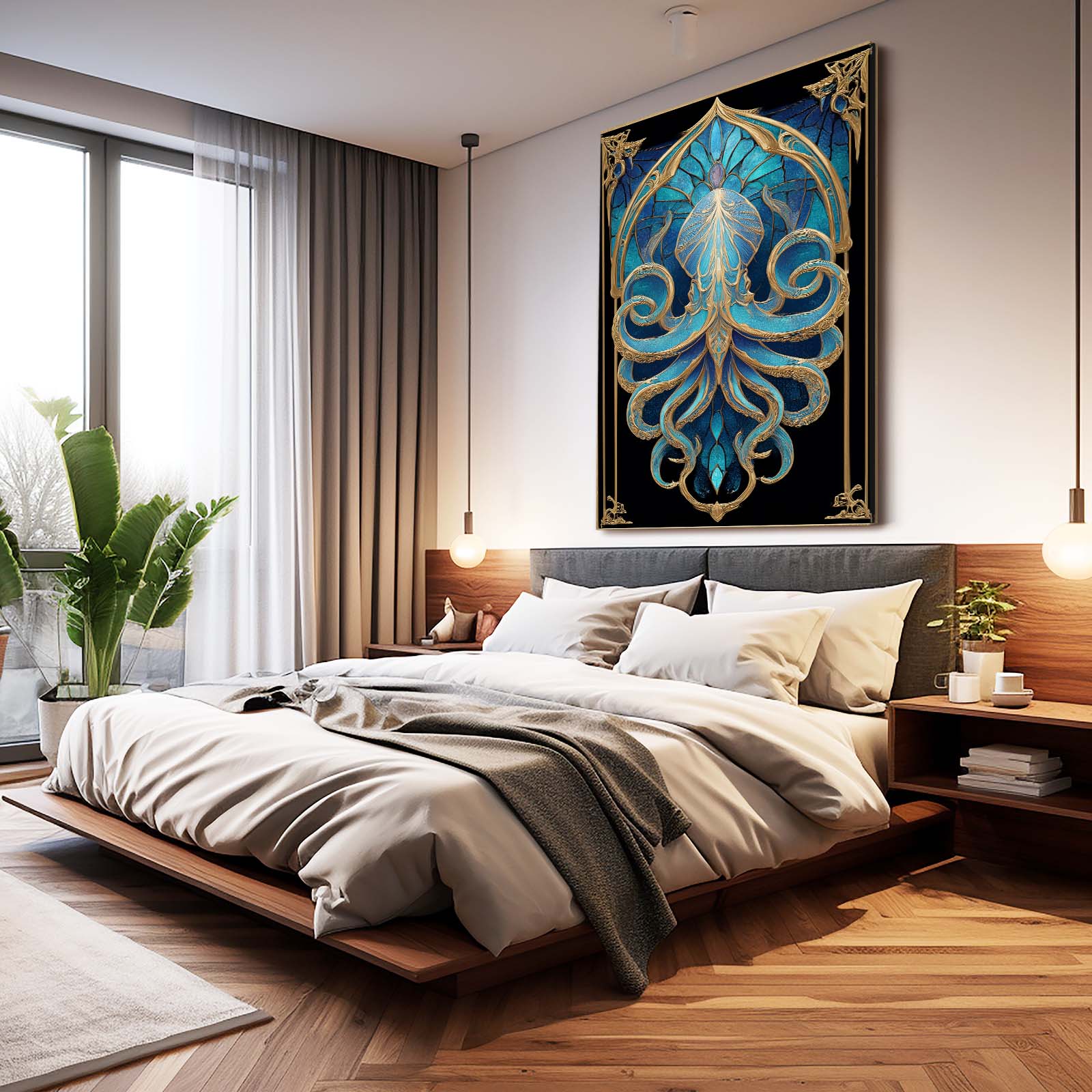 Art Nouveau Panel Octopus Canvas Art – styled in a furnished interior