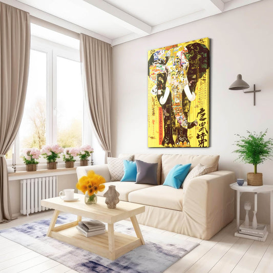 Asian Collage Elephant Art — japanese canvas print in orange tones, view 3